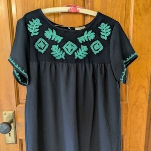 Umgee Navy Minidress/Tunic with Turquoise Leaf Detail